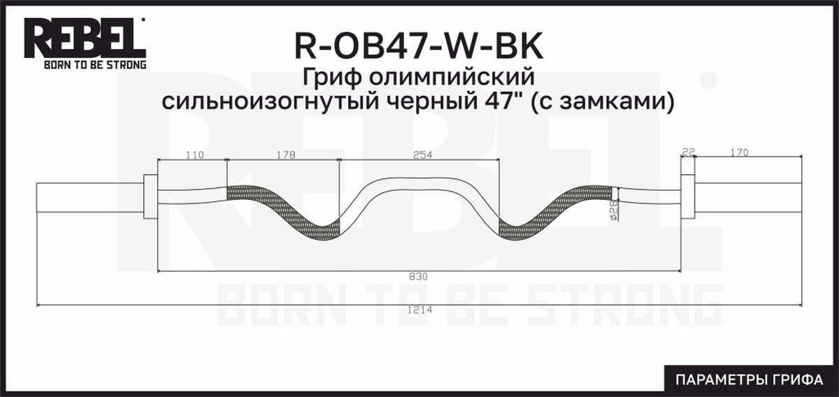 Гриф олимпийский сильноизогнутый черный 47" с замками REBEL R-OB47-W-BK 1200_568